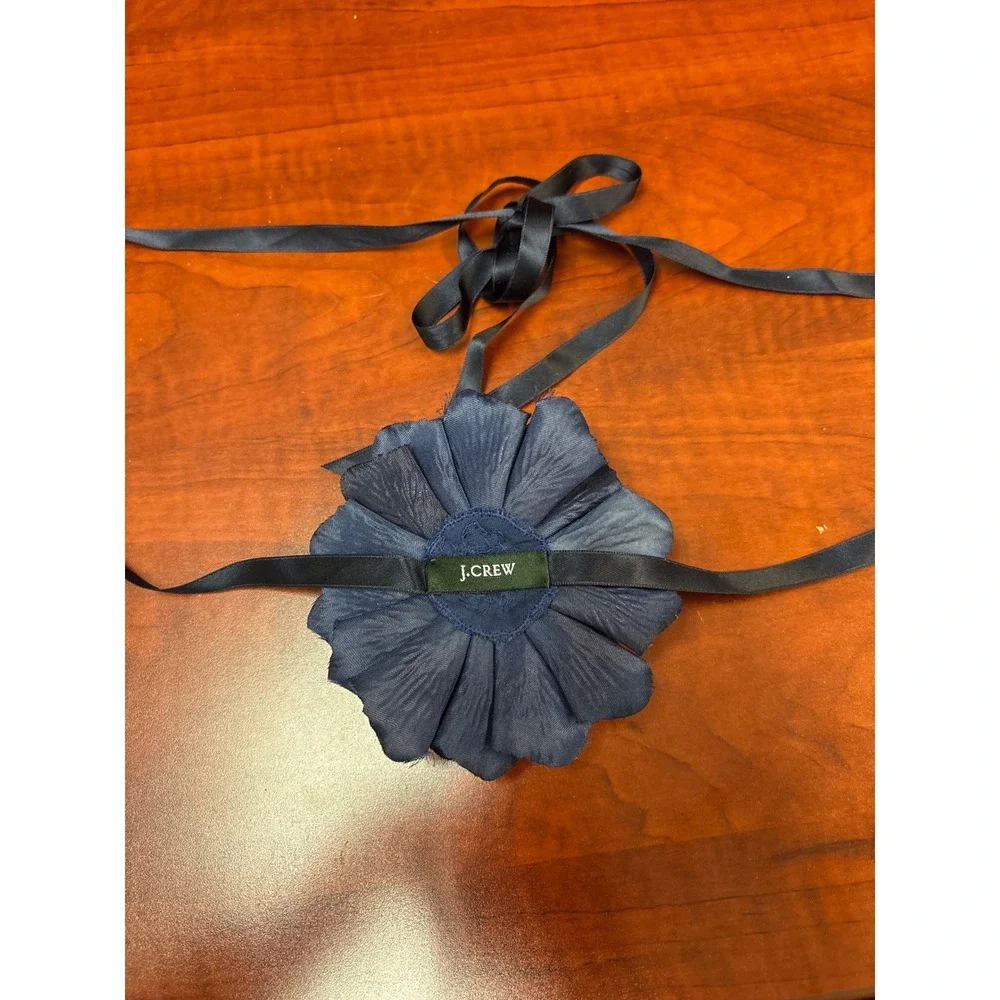 Vtg J.Crew‎ Navy Blue Fabric Flower Ribbon Belt Rhinestone Center Sash Accessory